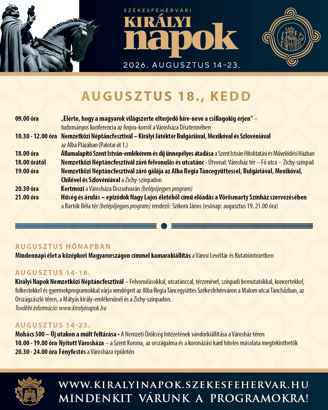 A Székesfehérvári Királyi Napok programjai augusztus 18-án, kedden